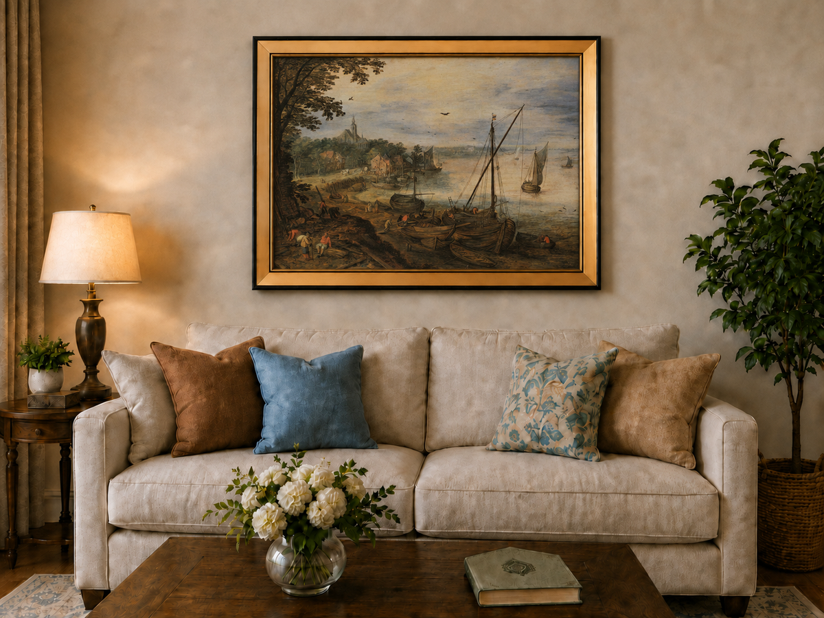 Peinture à l'huile de paysage - Village côtier avec phare et coucher de soleil