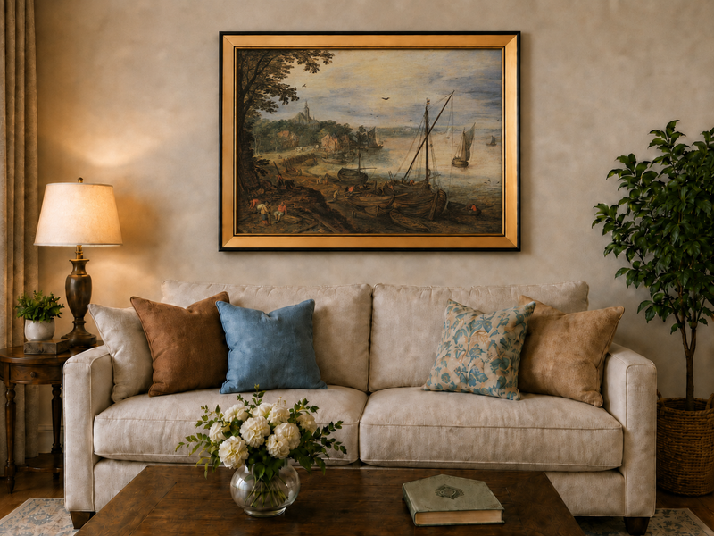 Peinture à l'huile de paysage - Village côtier avec phare et coucher de soleil