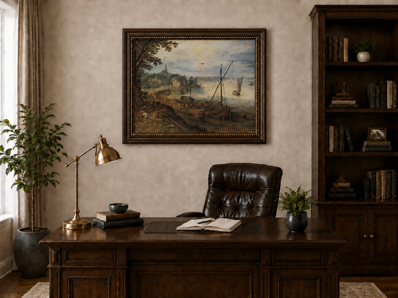 Peinture à l'huile de paysage - Village côtier avec phare et coucher de soleil