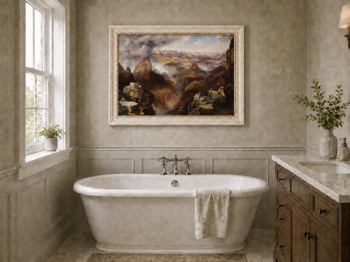 Peinture à l'huile de paysage - Village côtier avec phare et coucher de soleil