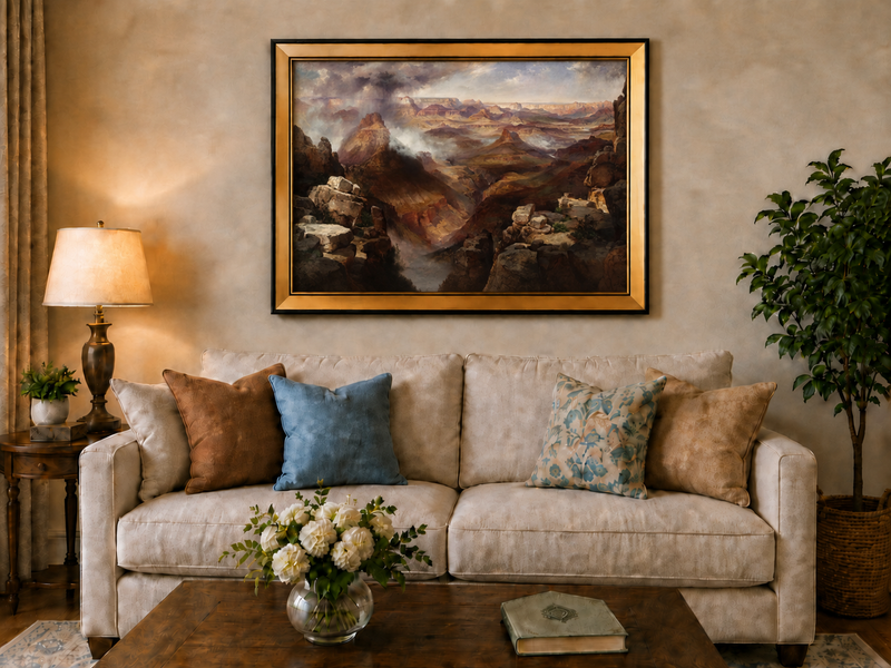 Peinture à l'huile de paysage - Village côtier avec phare et coucher de soleil