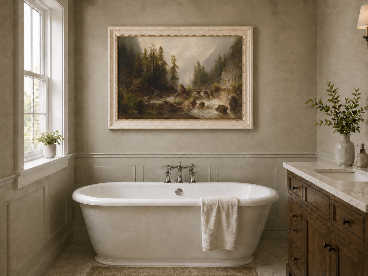 Peinture à l'huile de paysage - Gorge de montagne, ruisseau forestier, en bois