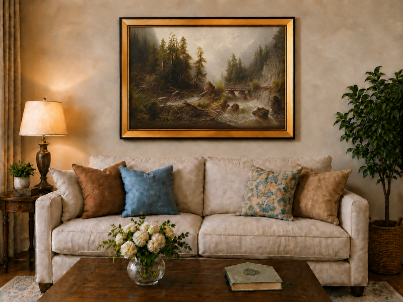Peinture à l'huile de paysage - Gorge de montagne, ruisseau forestier, en bois