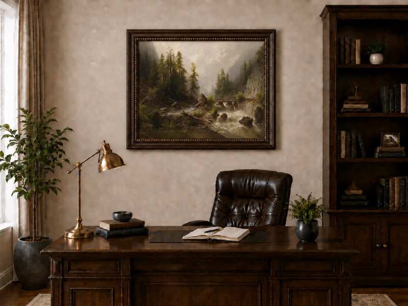 Peinture à l'huile de paysage - Gorge de montagne, ruisseau forestier, en bois