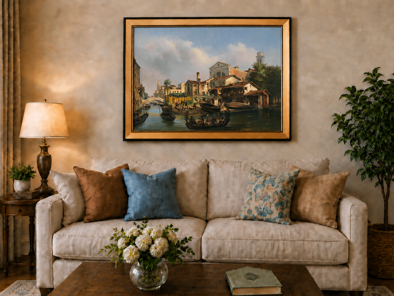 Landscape Oil Painting - Venetian Canal with Gondolas and Boats