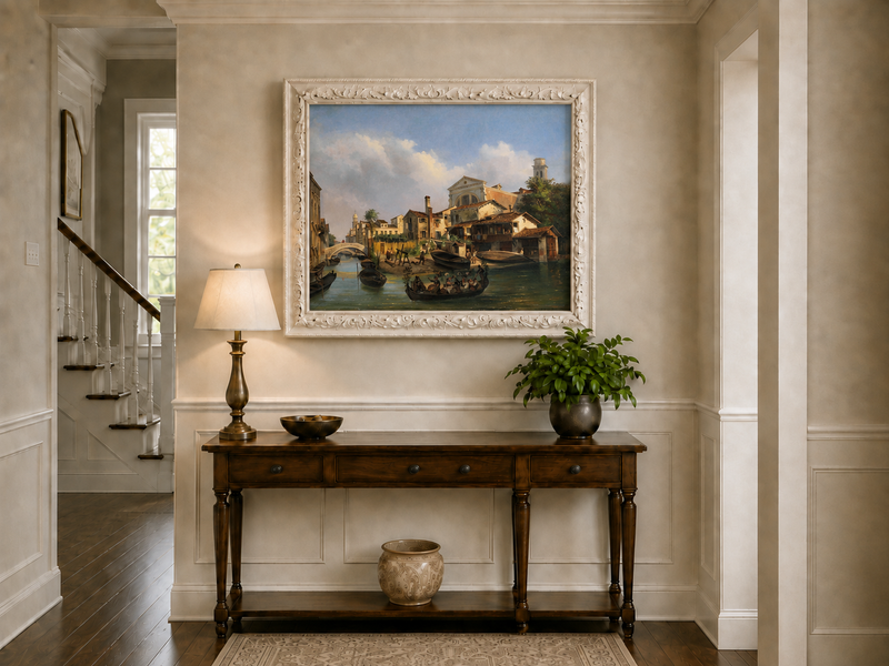 Landscape Oil Painting - Venetian Canal with Gondolas and Boats
