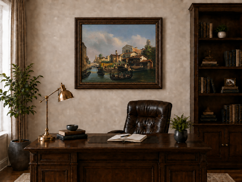 Landscape Oil Painting - Venetian Canal with Gondolas and Boats