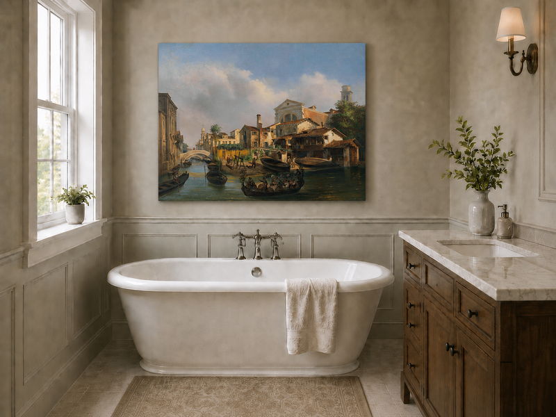 Landscape Oil Painting - Venetian Canal with Gondolas and Boats