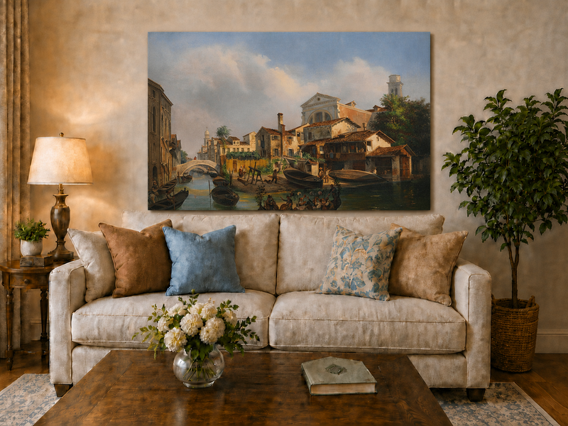 Landscape Oil Painting - Venetian Canal with Gondolas and Boats