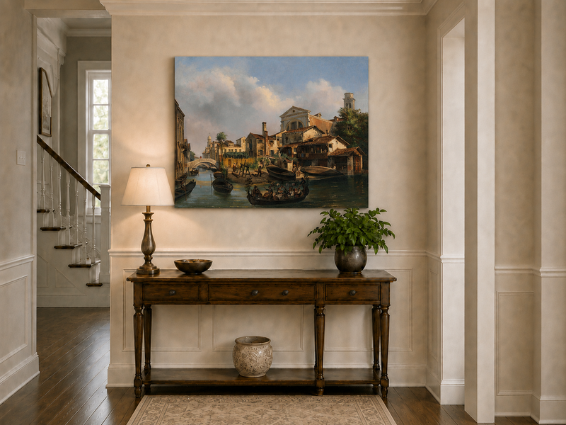 Landscape Oil Painting - Venetian Canal with Gondolas and Boats
