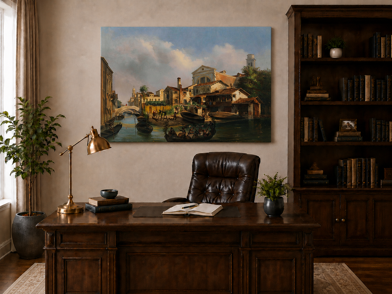 Landscape Oil Painting - Venetian Canal with Gondolas and Boats