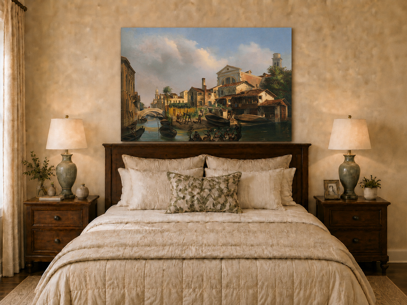 Landscape Oil Painting - Venetian Canal with Gondolas and Boats