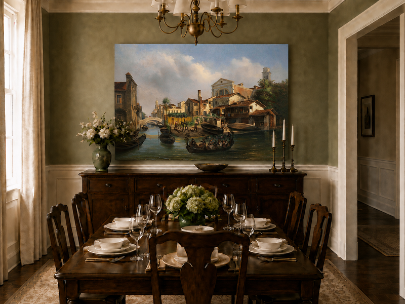 Landscape Oil Painting - Venetian Canal with Gondolas and Boats