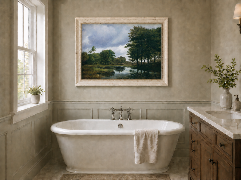 Peinture à l'huile de paysage - Ruisseau boisé, Reflets et Ciel nuageux