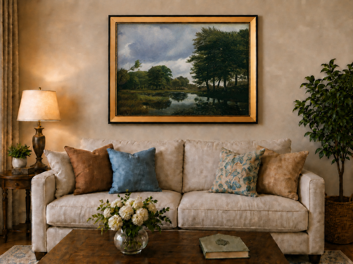 Peinture à l'huile de paysage - Ruisseau boisé, Reflets et Ciel nuageux