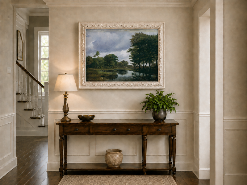 Peinture à l'huile de paysage - Ruisseau boisé, Reflets et Ciel nuageux