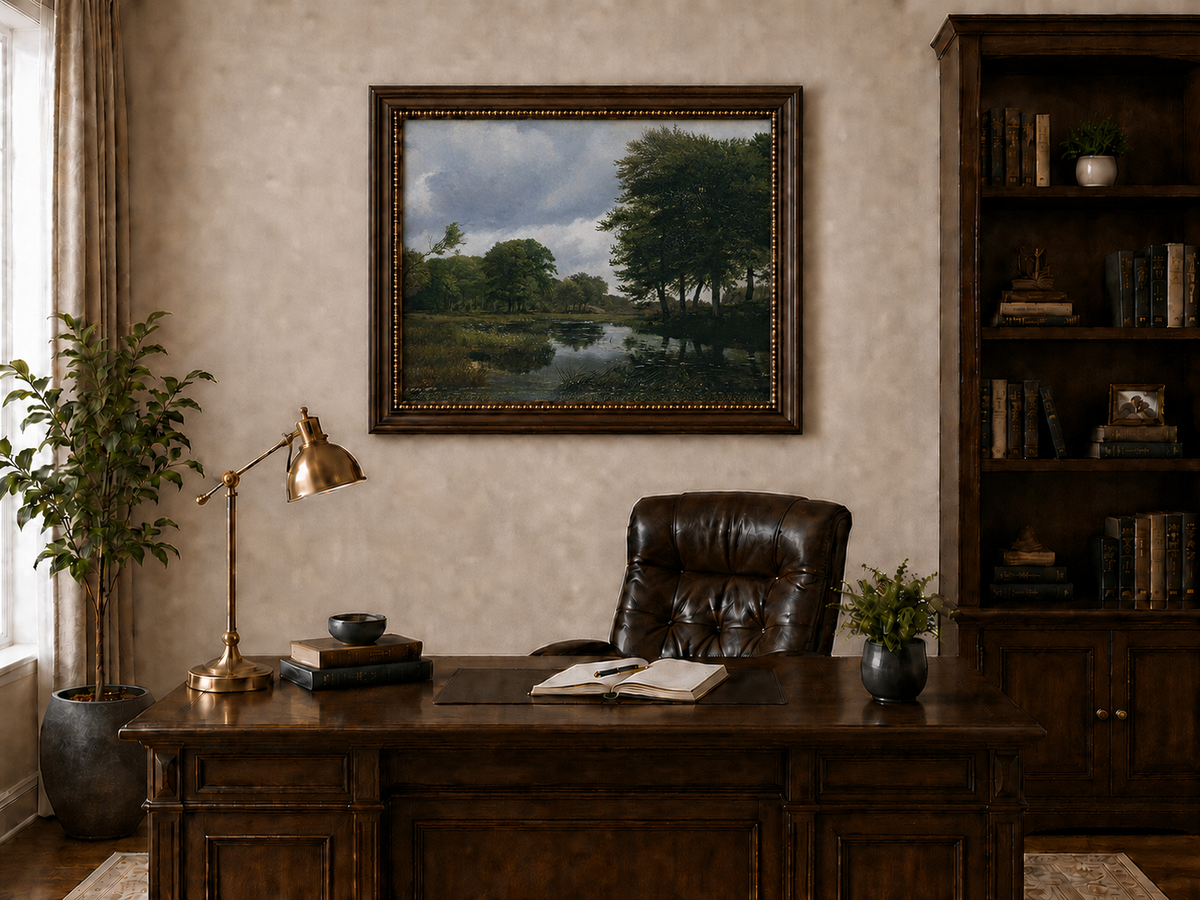 Peinture à l'huile de paysage - Ruisseau boisé, Reflets et Ciel nuageux