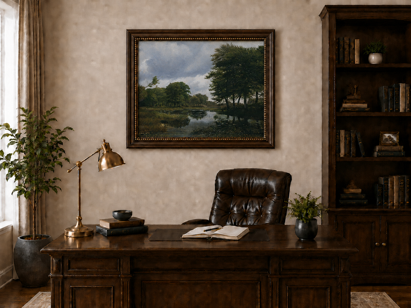 Peinture à l'huile de paysage - Ruisseau boisé, Reflets et Ciel nuageux