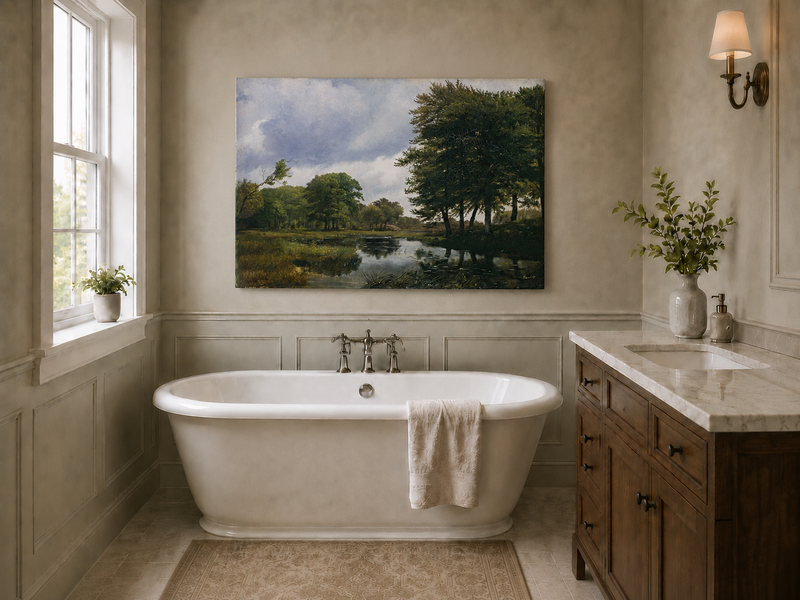 Peinture à l'huile de paysage - Ruisseau boisé, Reflets et Ciel nuageux