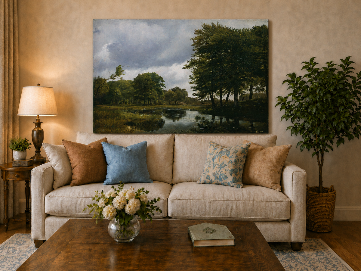 Peinture à l'huile de paysage - Ruisseau boisé, Reflets et Ciel nuageux