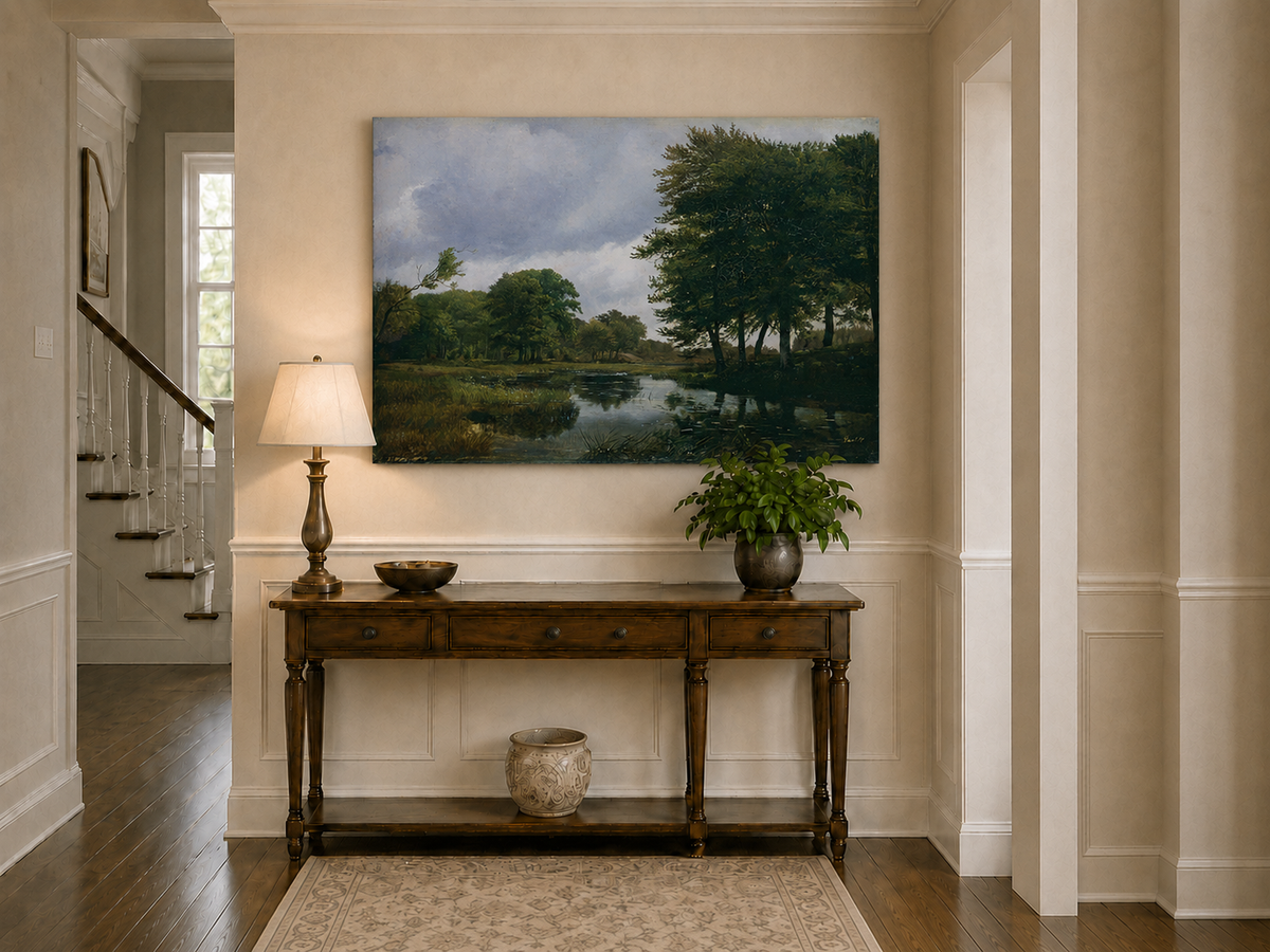 Peinture à l'huile de paysage - Ruisseau boisé, Reflets et Ciel nuageux