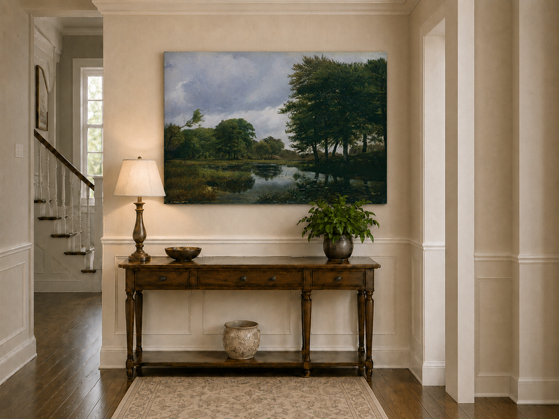 Peinture à l'huile de paysage - Ruisseau boisé, Reflets et Ciel nuageux