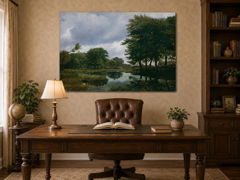Peinture à l'huile de paysage - Ruisseau boisé, Reflets et Ciel nuageux