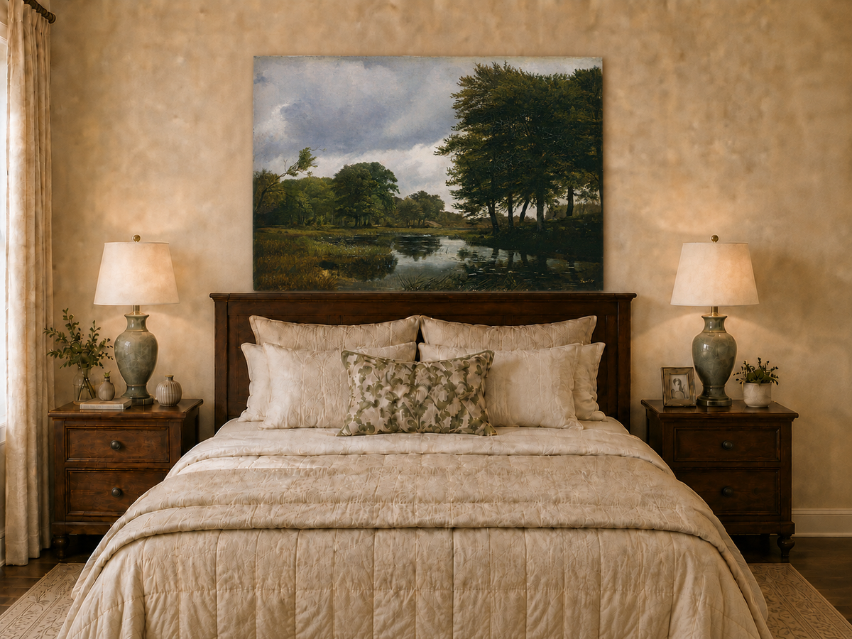 Peinture à l'huile de paysage - Ruisseau boisé, Reflets et Ciel nuageux