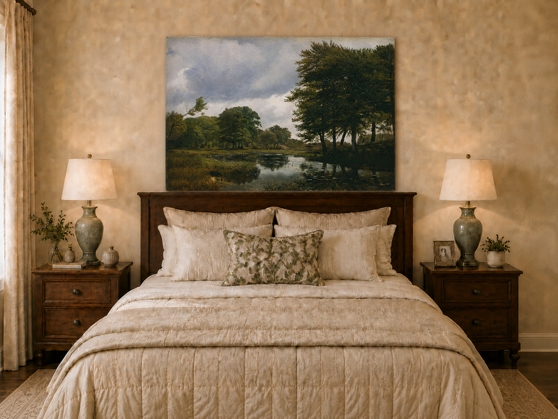 Peinture à l'huile de paysage - Ruisseau boisé, Reflets et Ciel nuageux