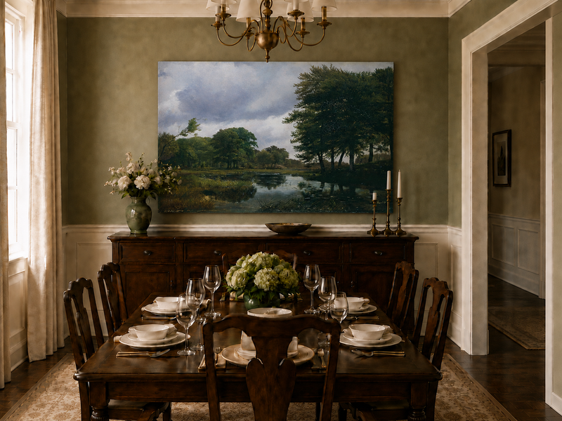 Peinture à l'huile de paysage - Ruisseau boisé, Reflets et Ciel nuageux