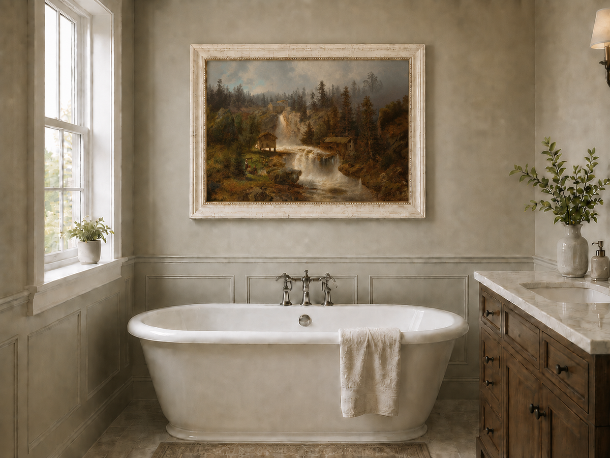 Landscape Oil Painting - Waterfall Mill and Forest Cabins