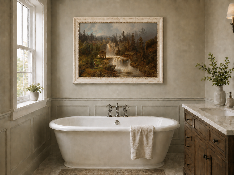 Landscape Oil Painting - Waterfall Mill and Forest Cabins