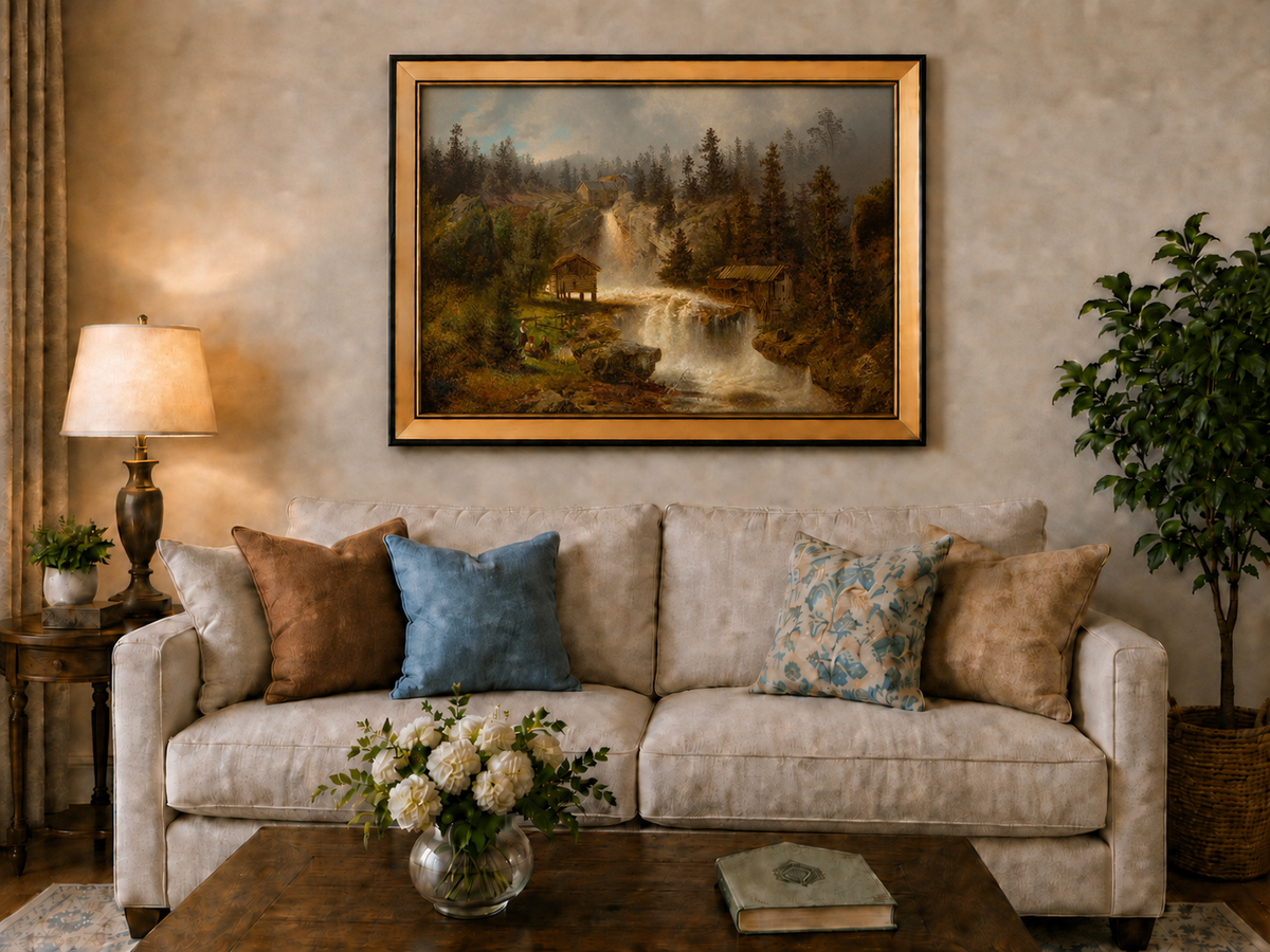 Landscape Oil Painting - Waterfall Mill and Forest Cabins