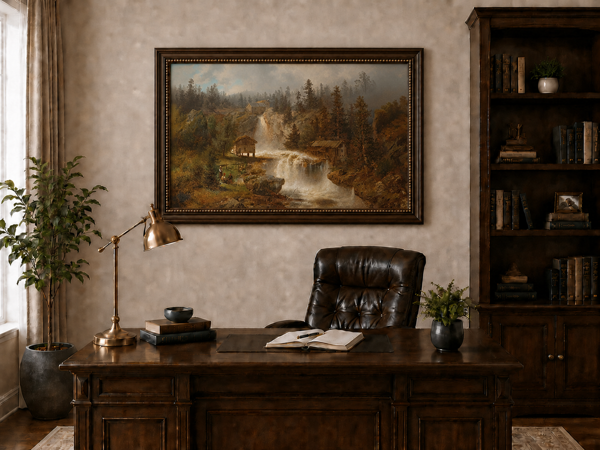 Landscape Oil Painting - Waterfall Mill and Forest Cabins