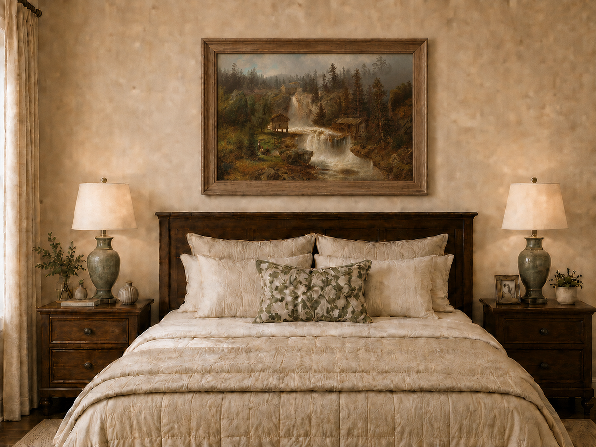 Landscape Oil Painting - Waterfall Mill and Forest Cabins