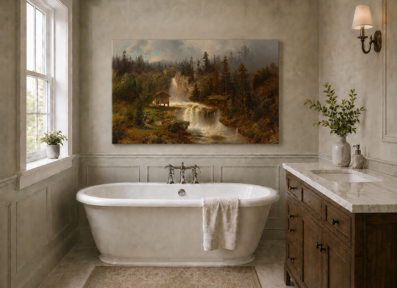 Landscape Oil Painting - Waterfall Mill and Forest Cabins