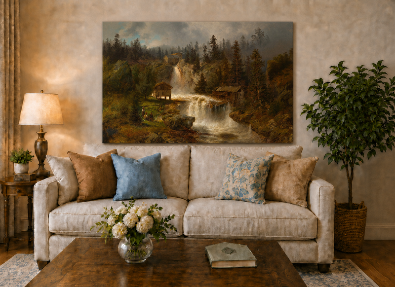 Landscape Oil Painting - Waterfall Mill and Forest Cabins