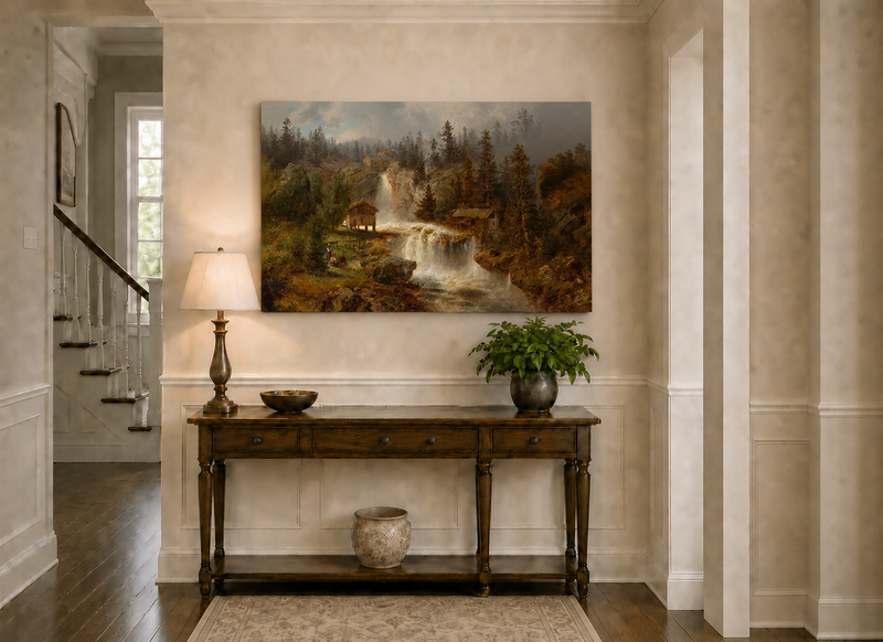 Landscape Oil Painting - Waterfall Mill and Forest Cabins