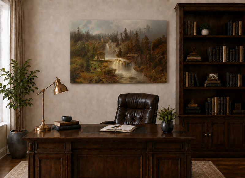 Landscape Oil Painting - Waterfall Mill and Forest Cabins
