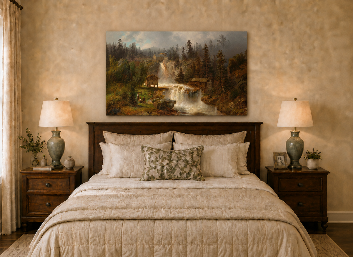 Landscape Oil Painting - Waterfall Mill and Forest Cabins