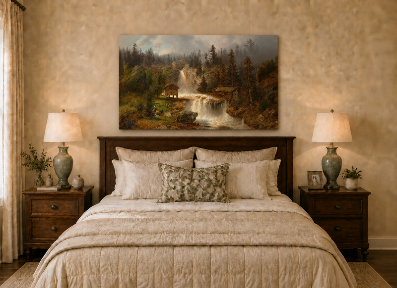 Landscape Oil Painting - Waterfall Mill and Forest Cabins
