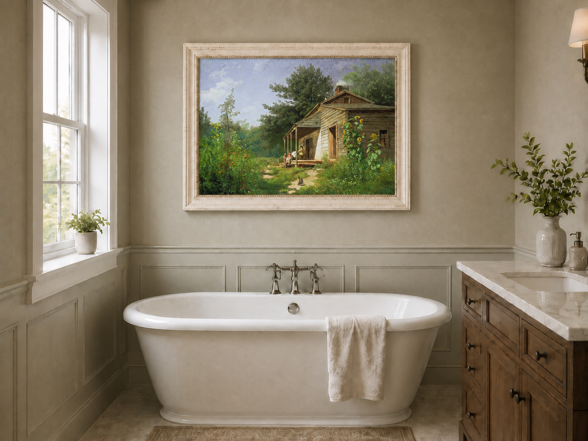 Peinture à l'huile de paysage - Porche de chalet rural en bois