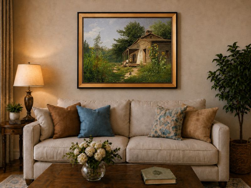 Peinture à l'huile de paysage - Porche de chalet rural en bois