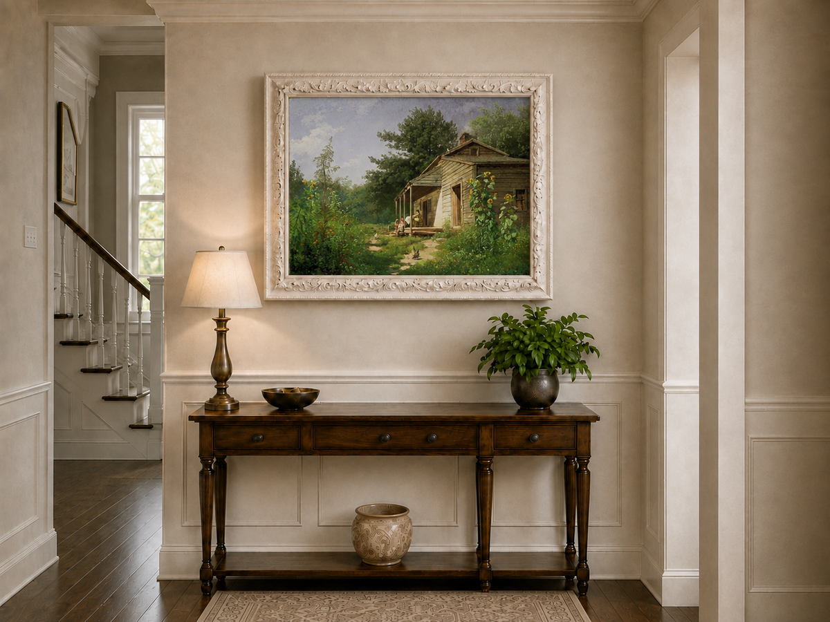 Peinture à l'huile de paysage - Porche de chalet rural en bois