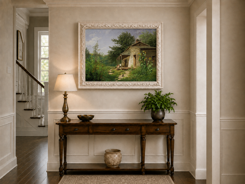 Peinture à l'huile de paysage - Porche de chalet rural en bois