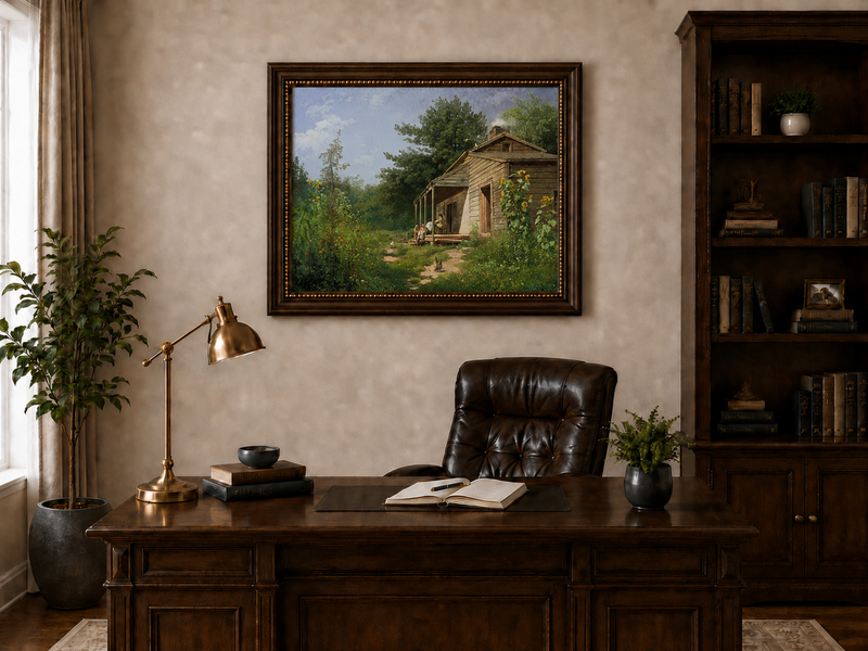 Peinture à l'huile de paysage - Porche de chalet rural en bois