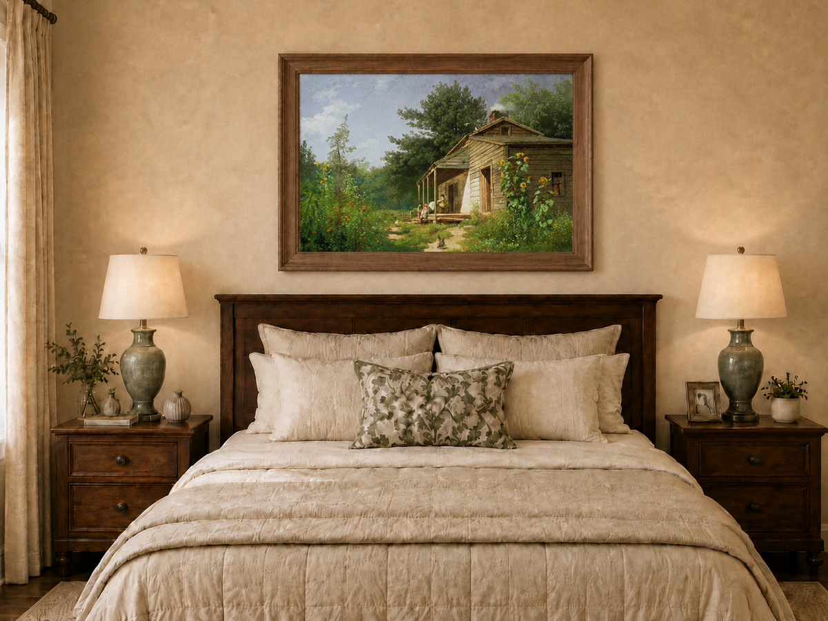 Peinture à l'huile de paysage - Porche de chalet rural en bois