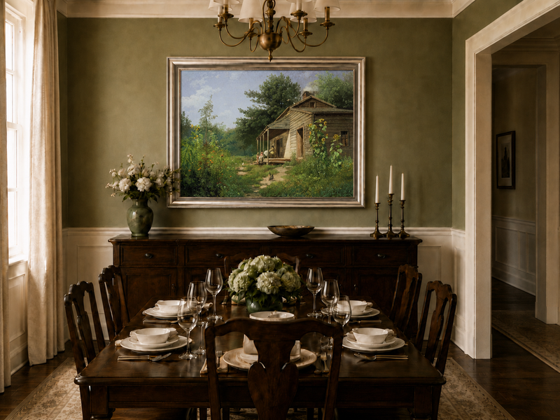 Peinture à l'huile de paysage - Porche de chalet rural en bois