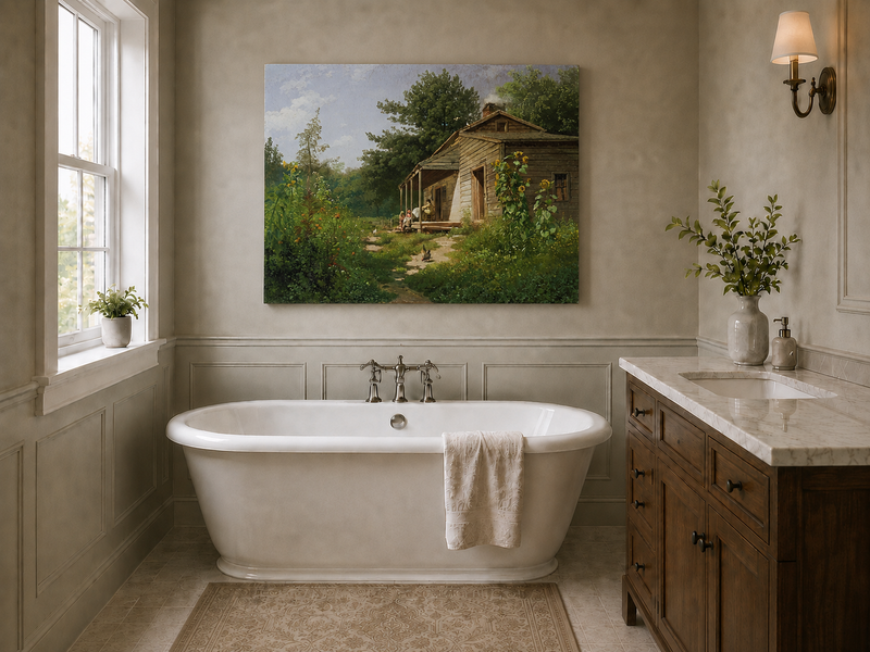 Peinture à l'huile de paysage - Porche de chalet rural en bois