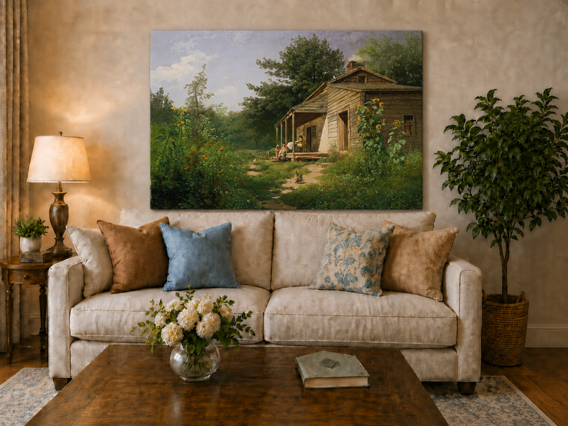 Peinture à l'huile de paysage - Porche de chalet rural en bois